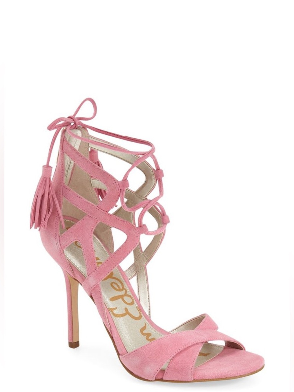 Sam Edelman Pink Suede Lace-Up Stiletto Sandal with Tassel Azalea Heel